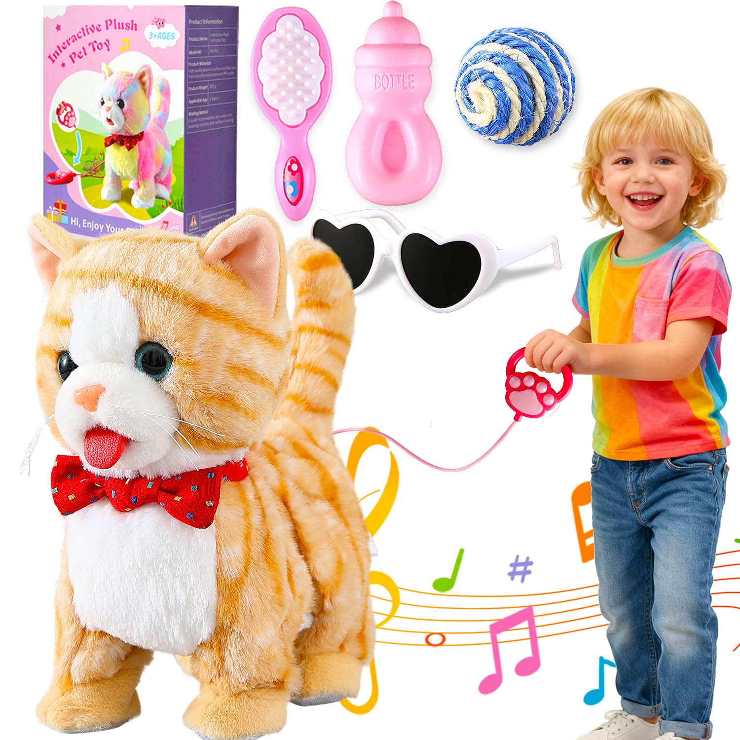Yellow Pattern Leash Walking Cat Set Interactive Talking Toy